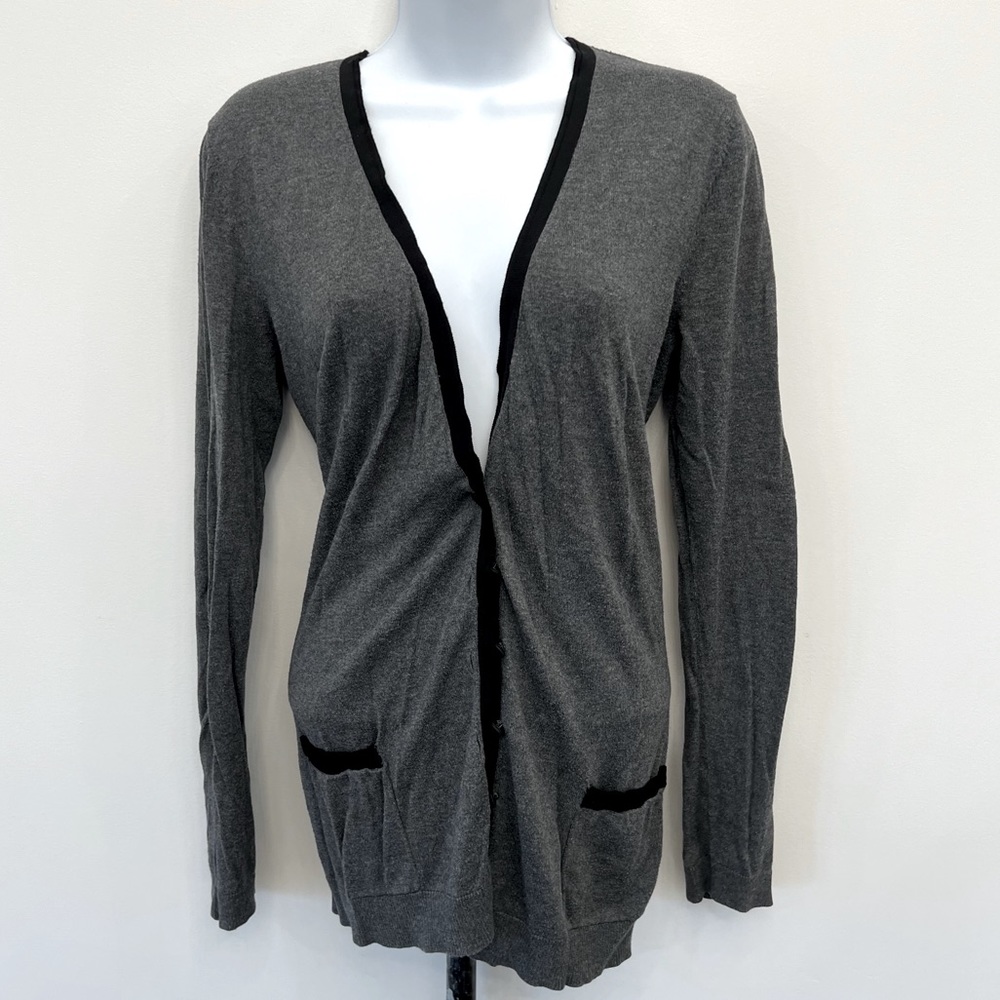 Ann Taylor LOFT Gray cardigan sweater with black trim size large